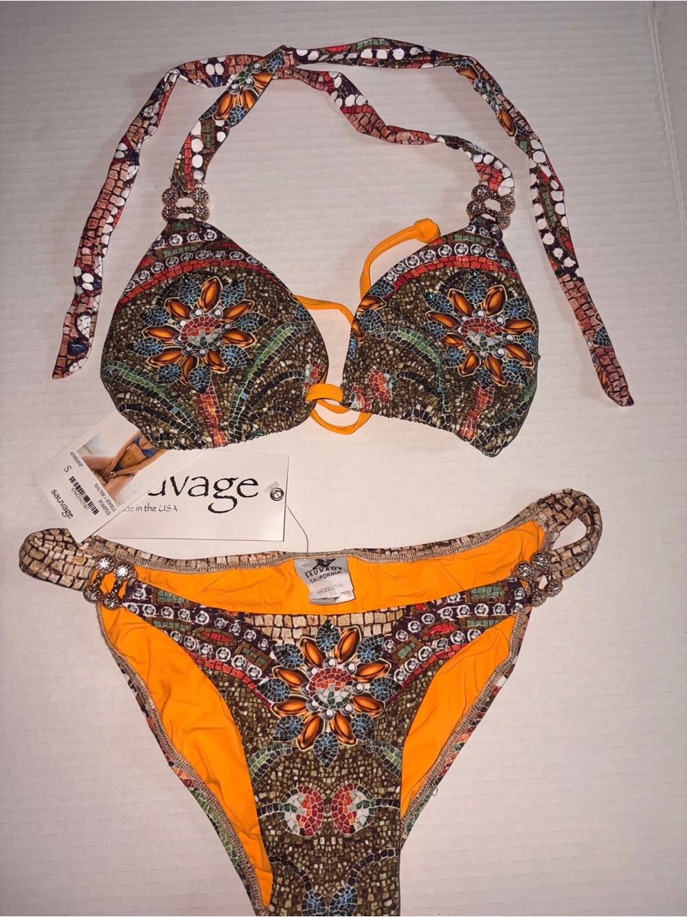 Salvage Orange & Mosaic Print Halter Bikini Top and Bottom with Swarovski